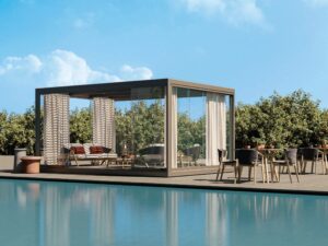 Freistehende Terrassenüberdachung aus Druckguss Aluminium mit Faltdach | Ethimo | Eivissa