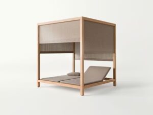 Verstellbares Loungebett aus Zedernholz mit Baldachin mit Sonnenschirm | Paola Lenti | Toku